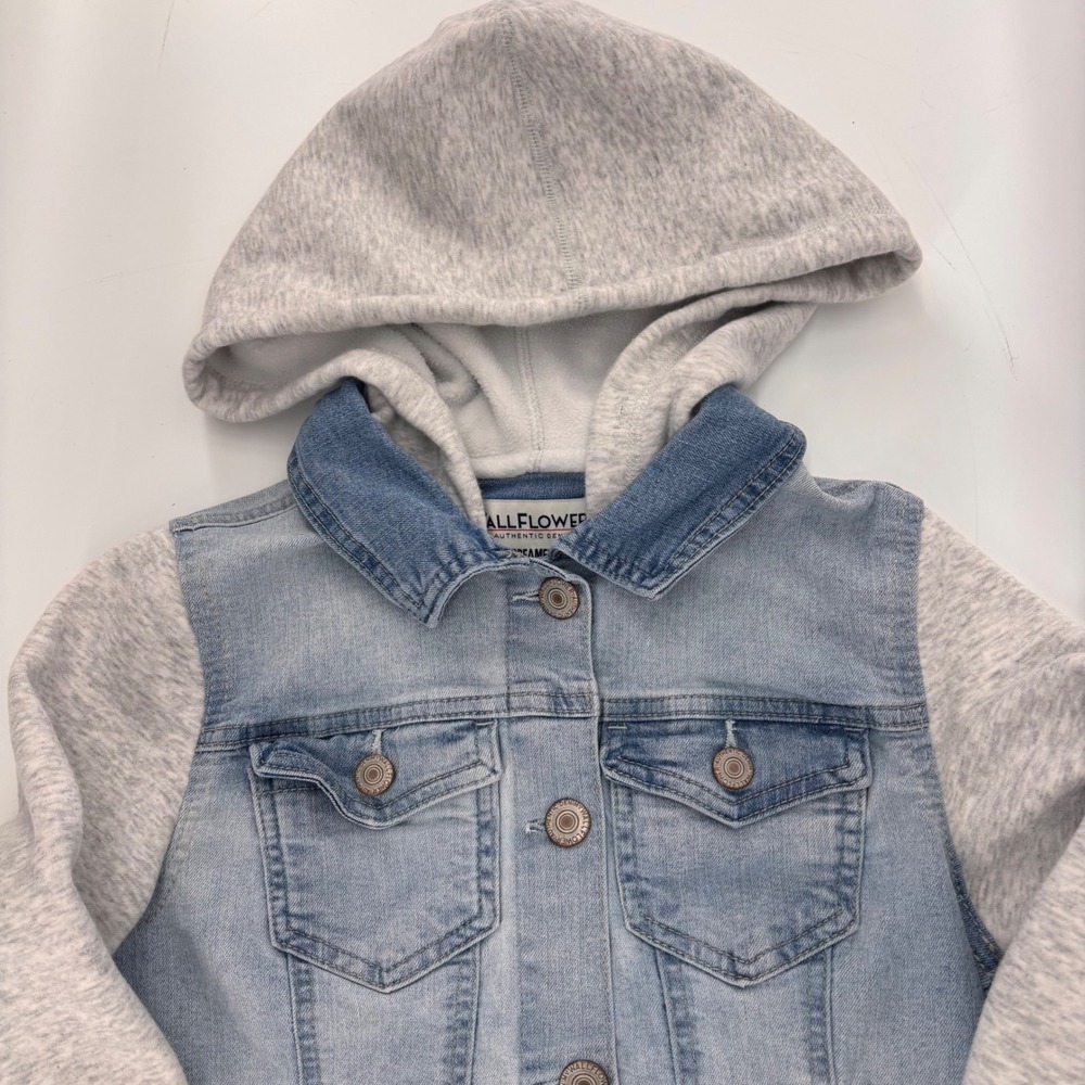 Wallflower Girls Small Dreamer Fit Denim Jacket Heather Gray Hood Sleeves Small - Picture 2 of 10